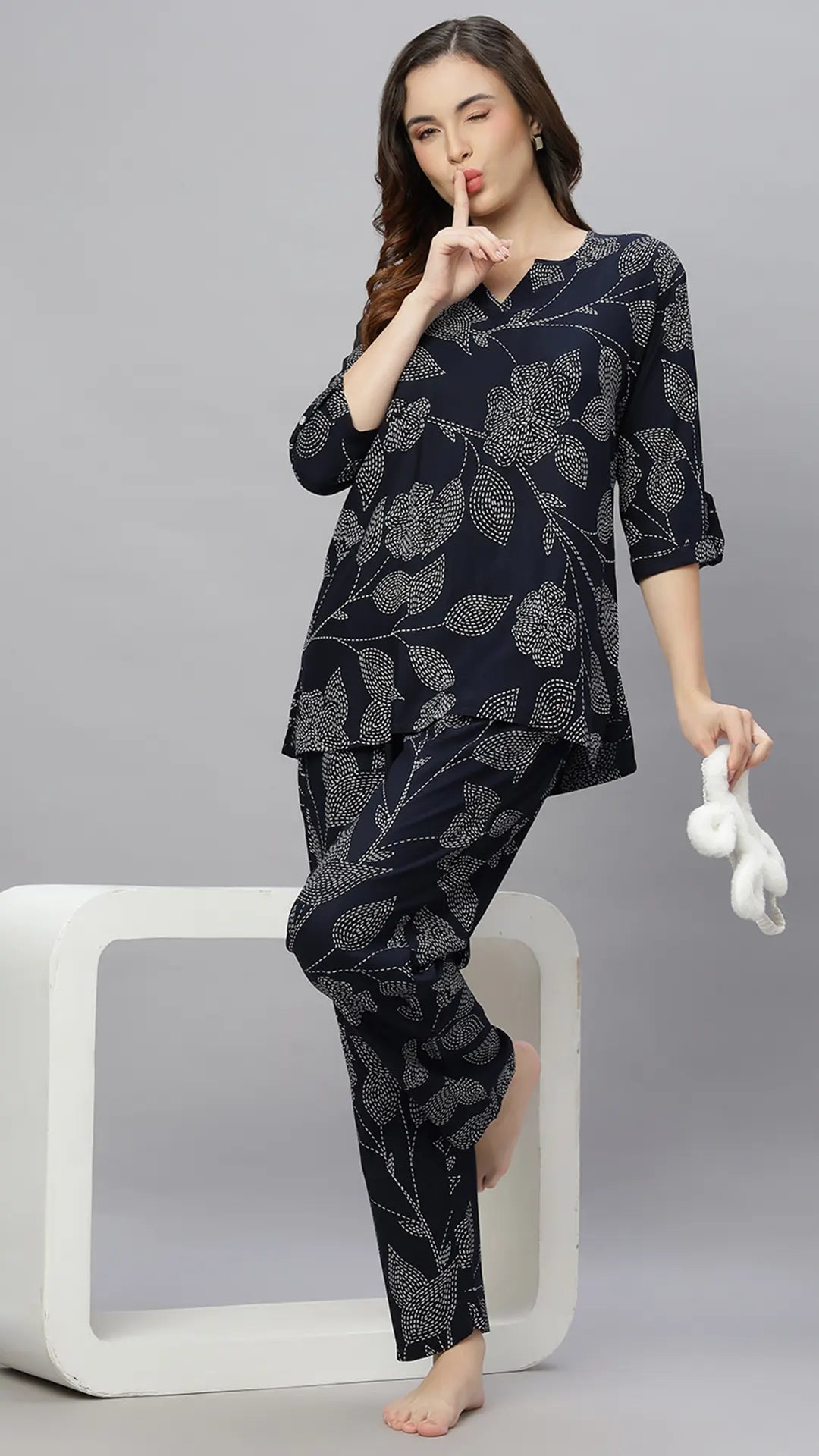 Sukanya Comfortable Women's Cotton Blend Half Sleeves Night Suit, White, navy Blue & Sky Blue, Soft and Elegant Print Sleepwear