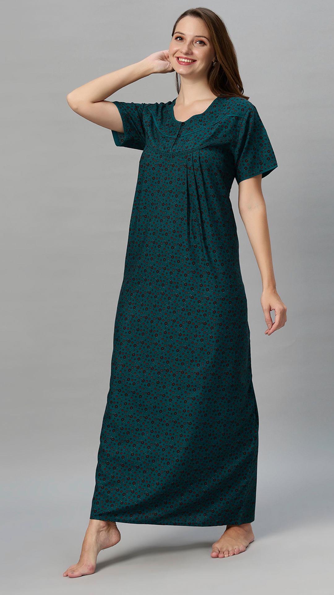 Sukanya Women's Floral Print Gown - Poly Cotton, Regular Fit, Lounge Wear, Half Sleeves, Round Neck, Wine, Green & Mustard