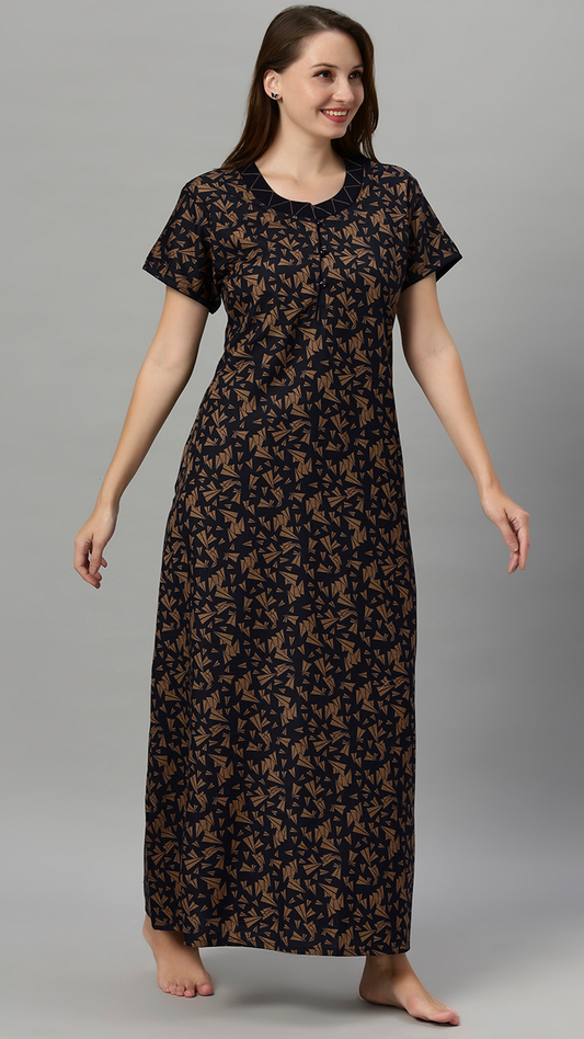 Sukanya Women's Leaf Print Lounge Wear Gown - Polly cotton, Regular Fit, Ideal For Women's, Lounge Wear, Half Sleeves, Round Neck