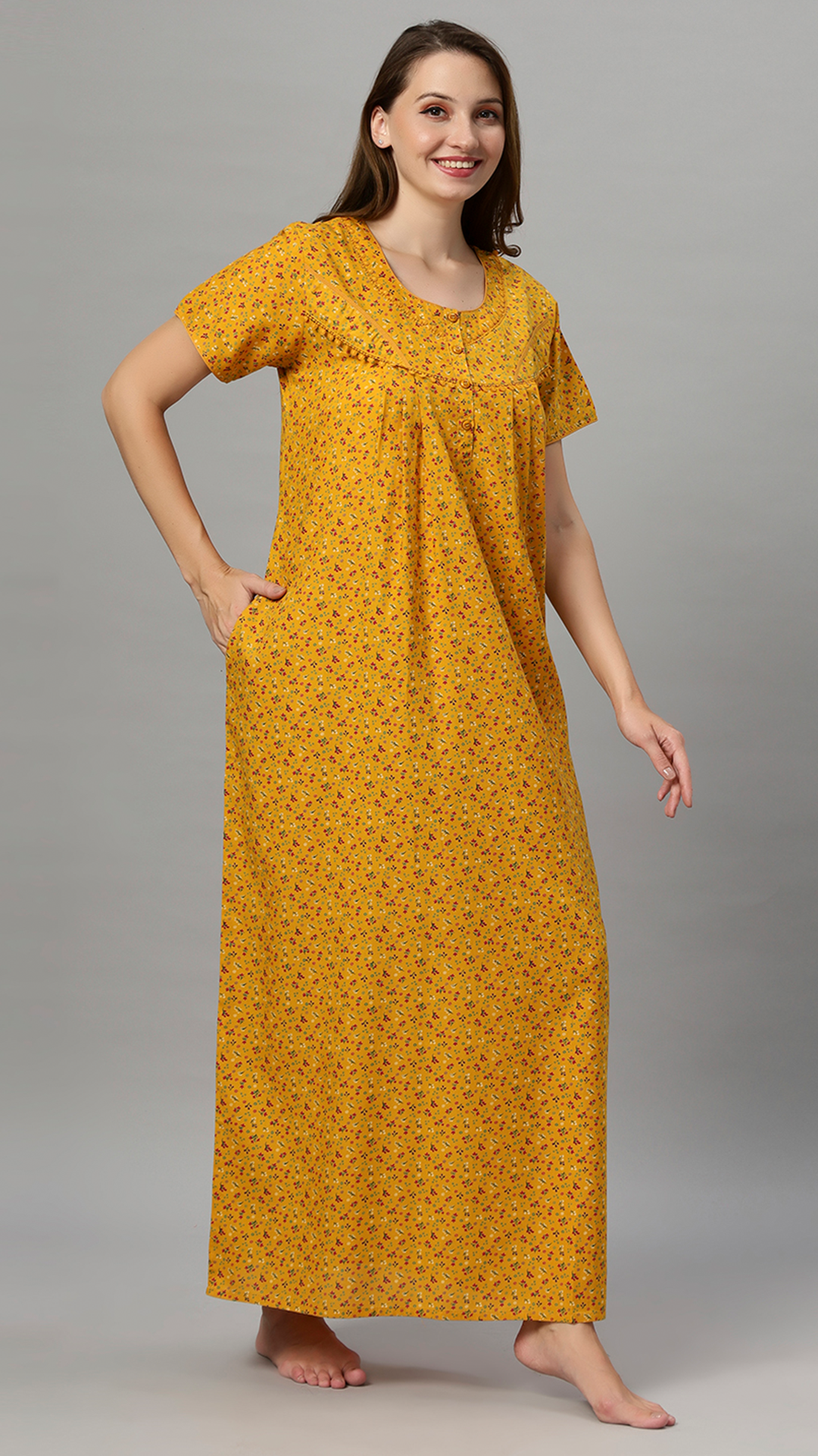 Sukanya Women's Floral Print Lounge Wear Gown - Poly Cotton, Regular Fit, Ideal For Women's, Lounge Wear, Flower Print, Half Sleeves, Round Neck, Blue, Red & Yellow