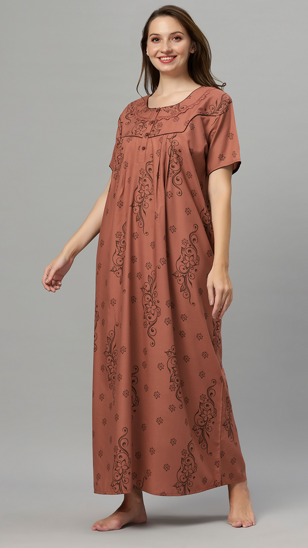 Sukanya Women's Floral Print Lounge Wear Gown - Polly Cotton, Regular Fit, Half Sleeves, Round Neck, Green, Yellow & Rust