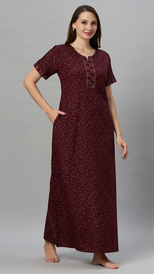 Suaknya Women's Floral Print Lounge Wear Gown Polly Cotton, Regular Fit, Half Sleeves, V Neck