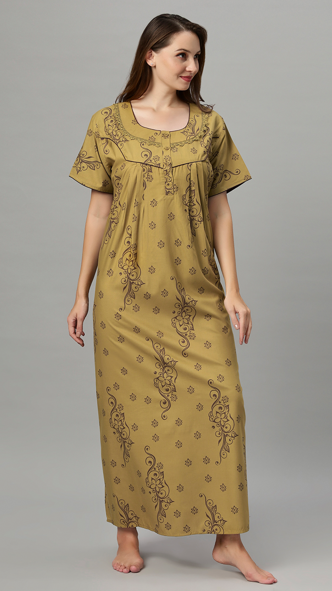 Sukanya Women's Floral Print Lounge Wear Gown - Polly Cotton, Regular Fit, Half Sleeves, Round Neck, Green, Yellow & Rust