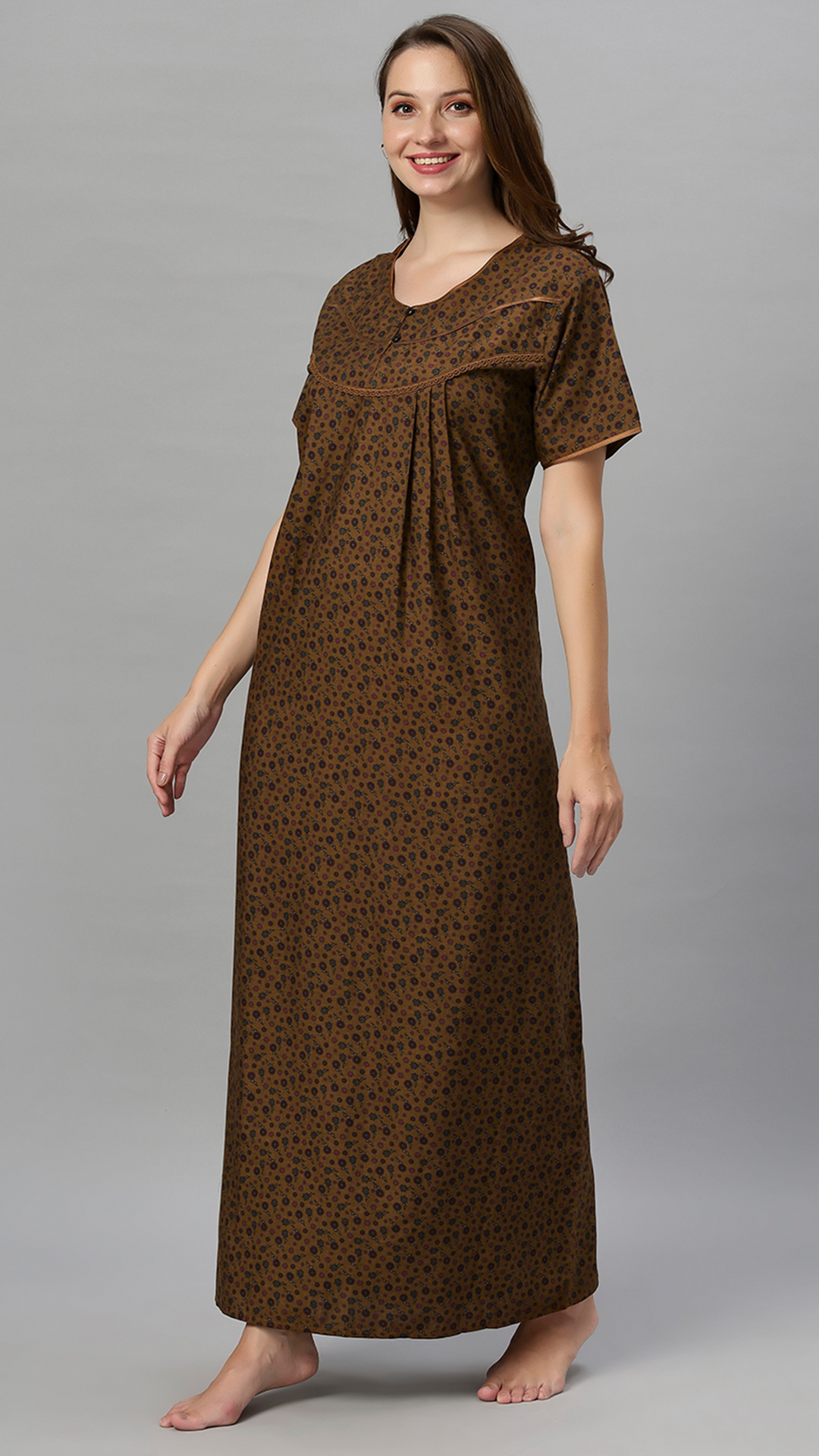 Sukanya Women's Floral Print Gown - Poly Cotton, Regular Fit, Lounge Wear, Half Sleeves, Round Neck, Wine, Green & Mustard