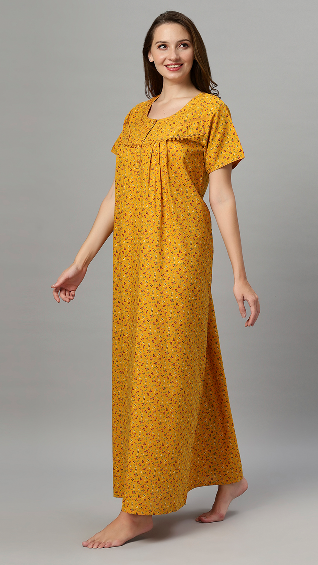 Sukanya Women's Floral Print Lounge Wear Gown - Poly Cotton, Regular Fit, Ideal For Women's, Lounge Wear, Flower Print, Half Sleeves, Round Neck, Blue, Red & Yellow