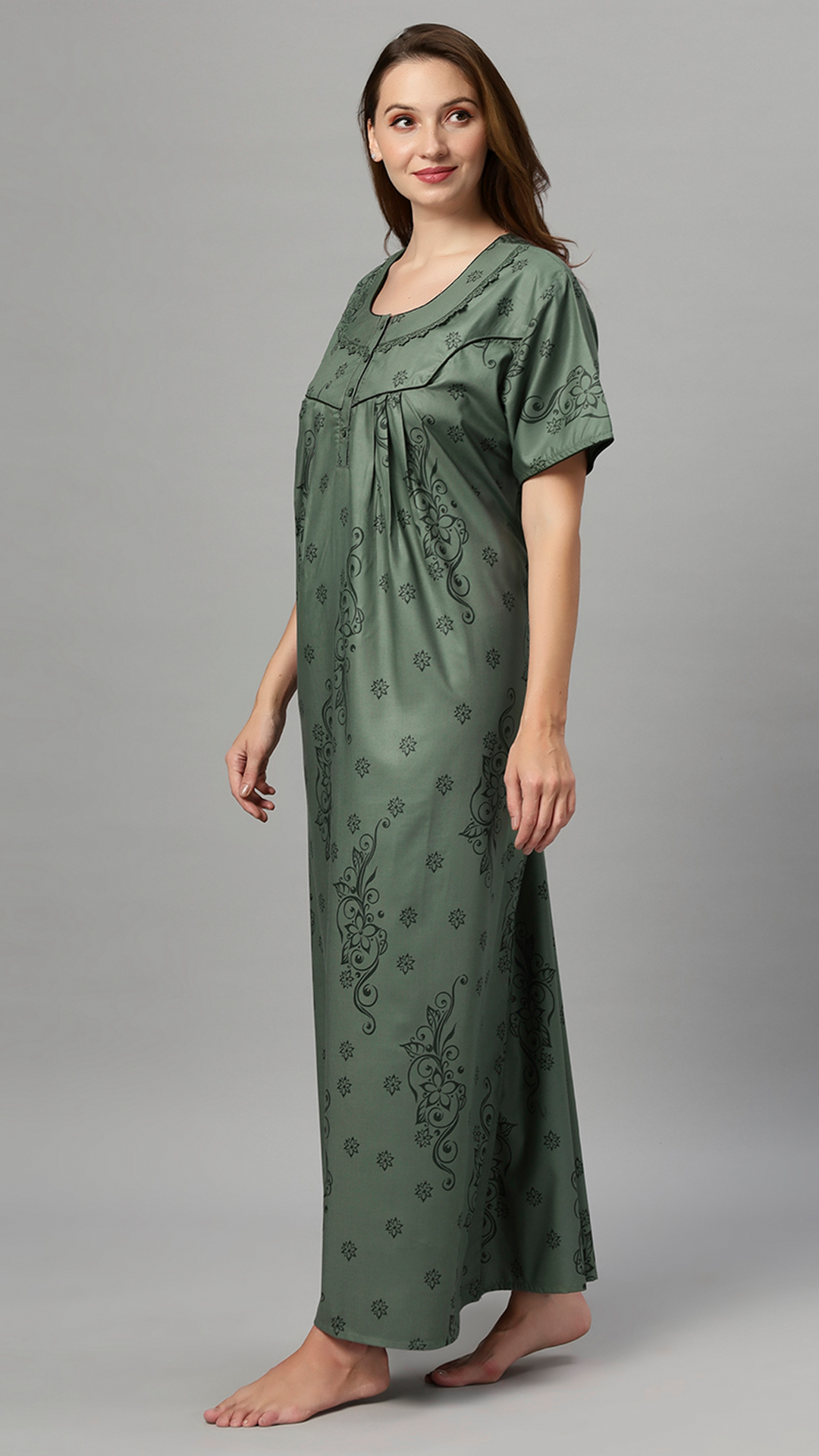 Sukanya Women's Floral Print Lounge Wear Gown - Polly Cotton, Regular Fit, Half Sleeves, Round Neck, Green, Yellow & Rust