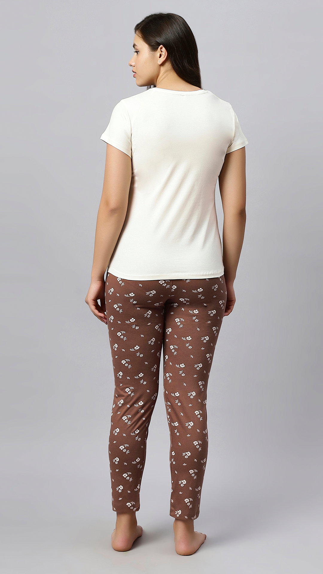 Sukanya Women's Printed Lounge Wear Top & Pyjama Set - Cream, Regular Fit, Sinker Fabric, Half Sleeve, Round Neck
