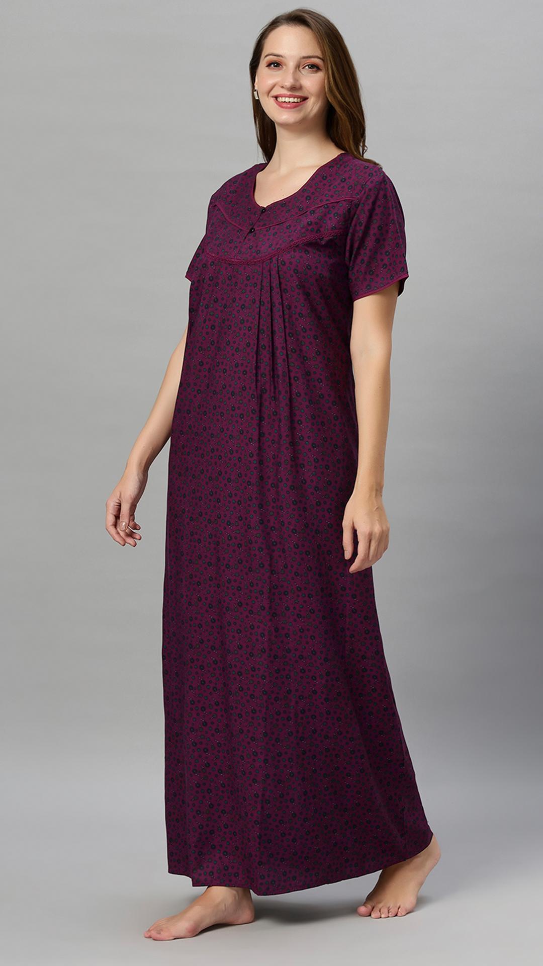 Sukanya Women's Floral Print Gown - Poly Cotton, Regular Fit, Lounge Wear, Half Sleeves, Round Neck, Wine, Green & Mustard