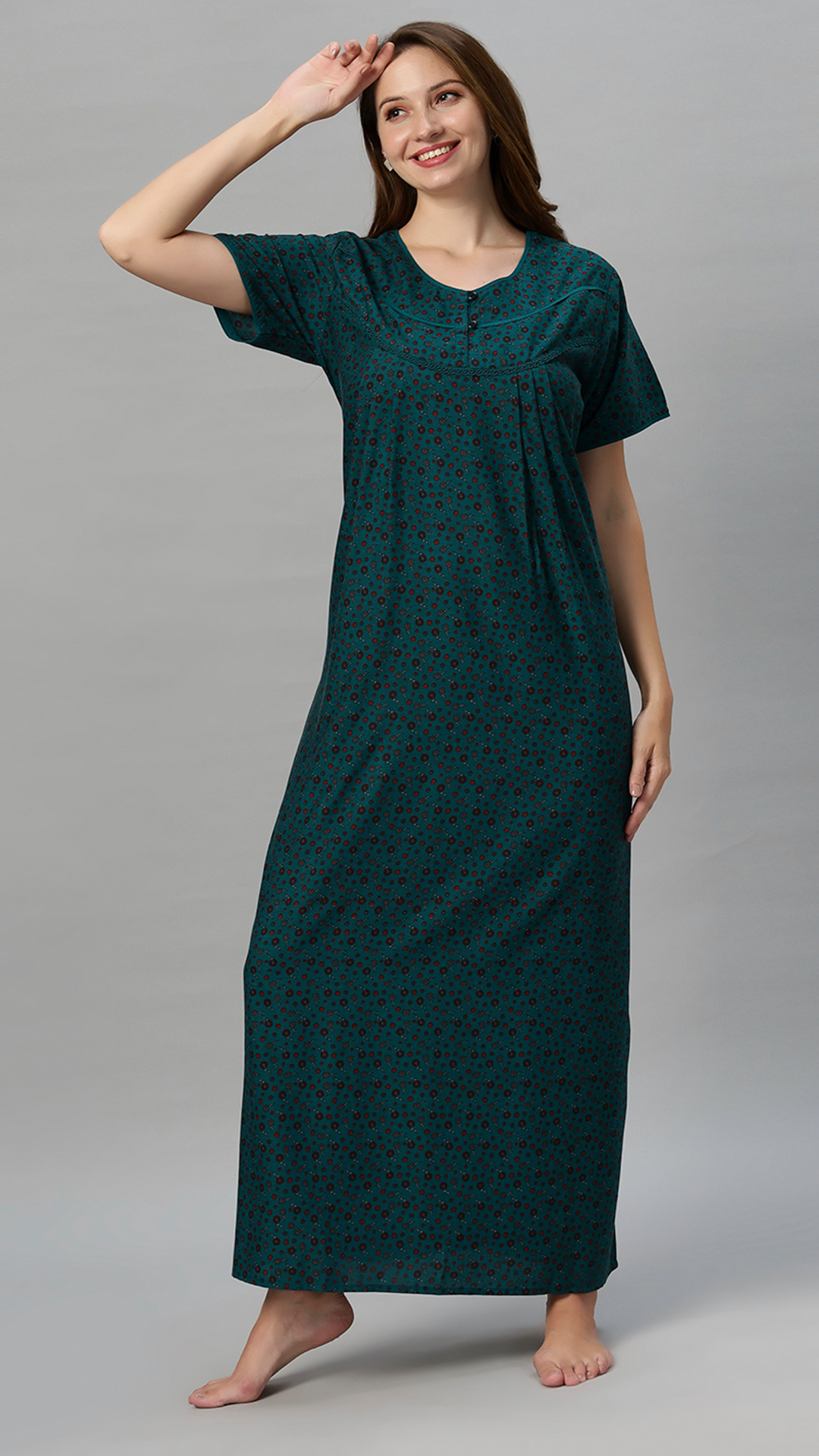 Sukanya Women's Floral Print Gown - Poly Cotton, Regular Fit, Lounge Wear, Half Sleeves, Round Neck, Wine, Green & Mustard