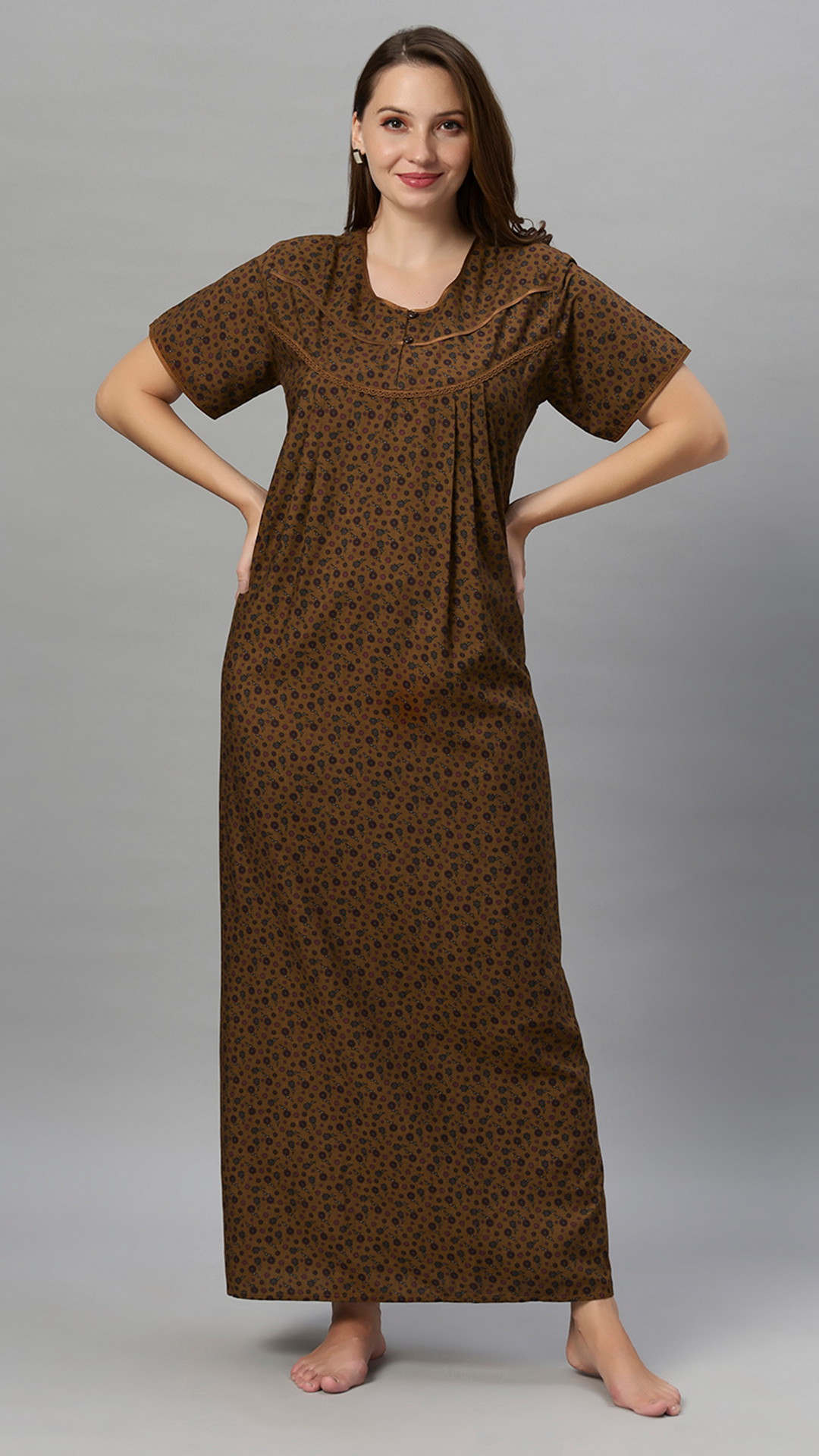 Sukanya Women's Floral Print Gown - Poly Cotton, Regular Fit, Lounge Wear, Half Sleeves, Round Neck, Wine, Green & Mustard
