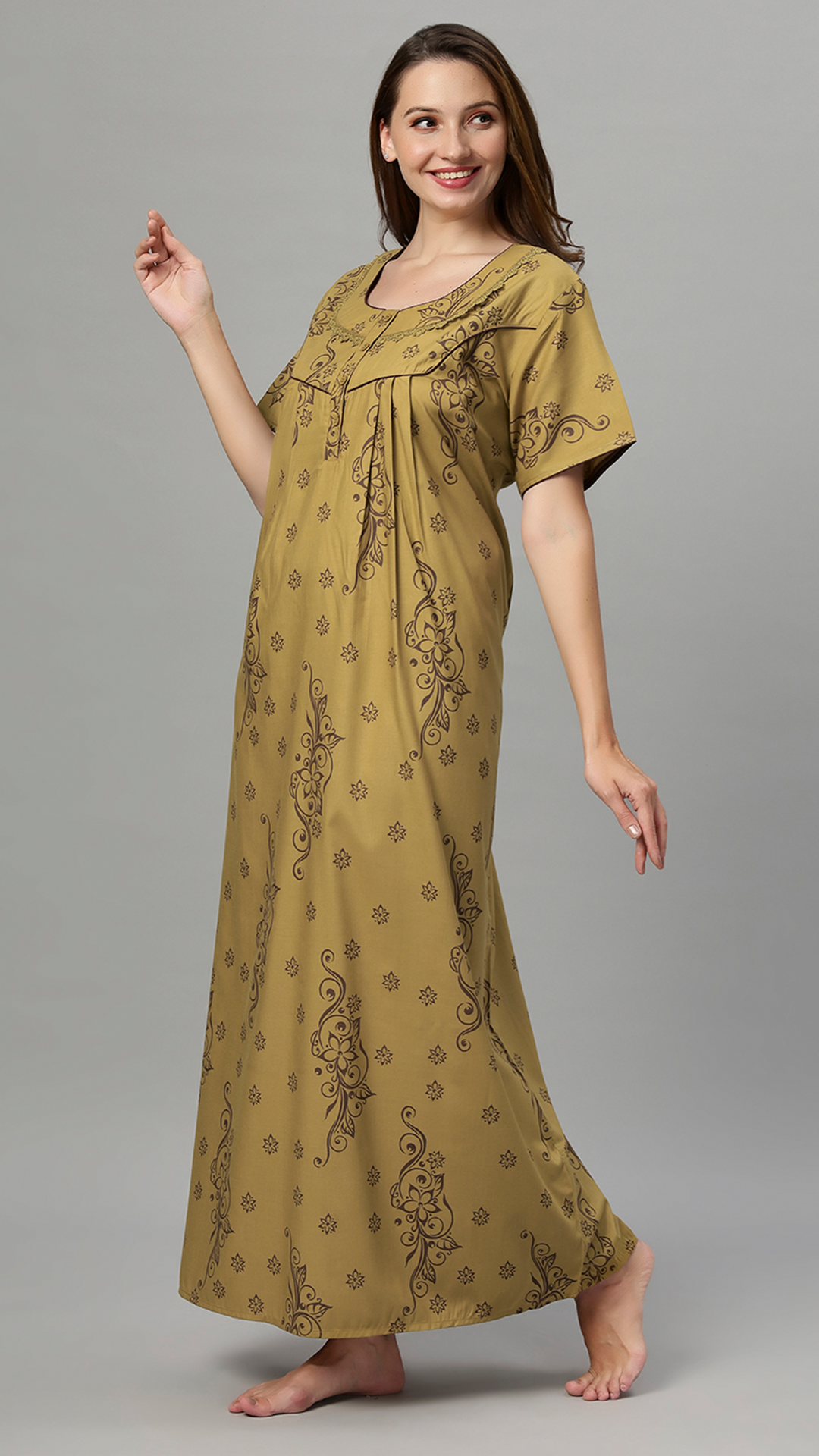 Sukanya Women's Floral Print Lounge Wear Gown - Polly Cotton, Regular Fit, Half Sleeves, Round Neck, Green, Yellow & Rust