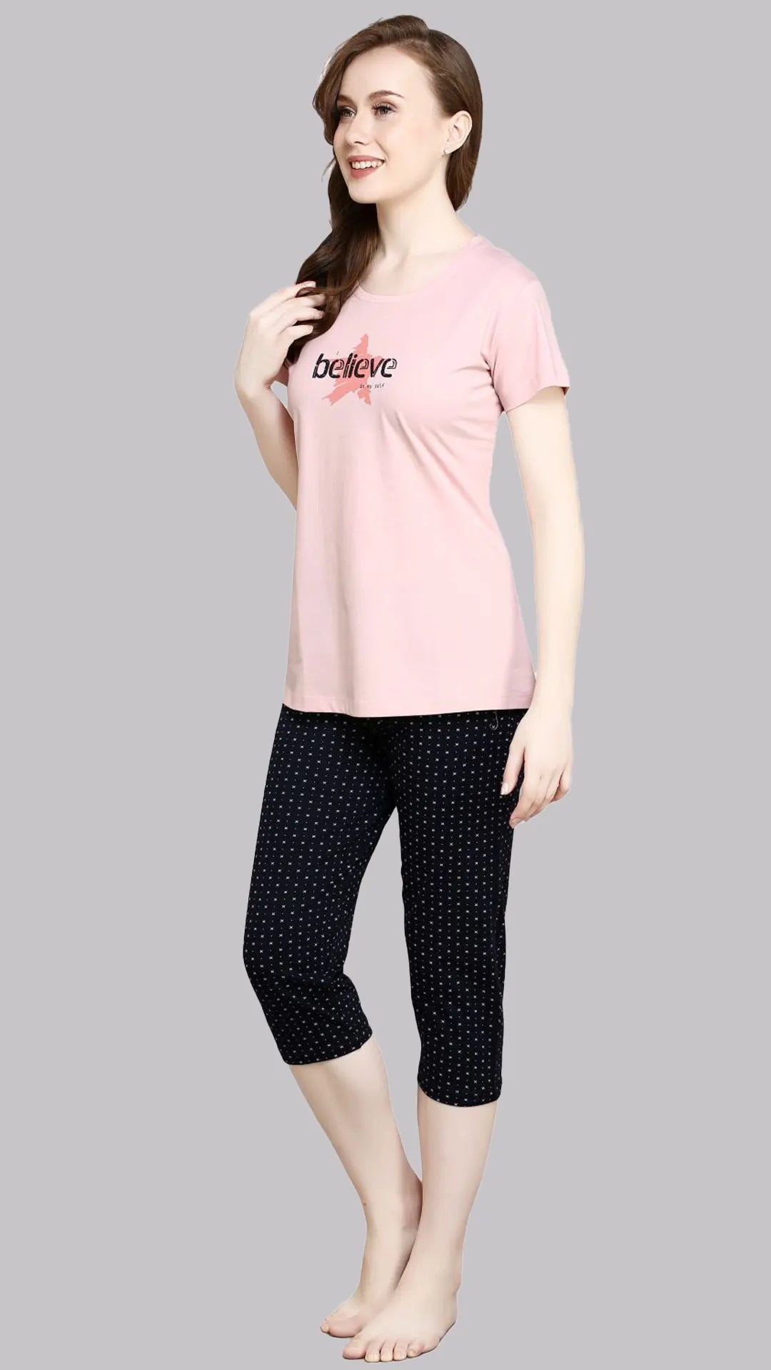 Sukanya Women's Printed Sinker Capri Set | Regular Fit Loungewear | Ideal for Women | Lounge Wear Nightdress Capri Set Sleepwear | Pink Printed Half Sleeves Round Neck