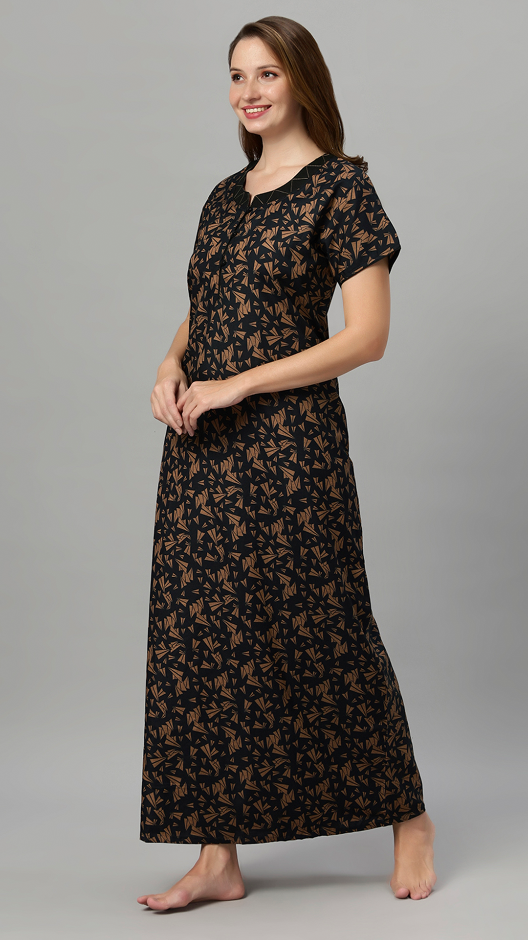 Sukanya Women's Leaf Print Lounge Wear Gown - Polly cotton, Regular Fit, Ideal For Women's, Lounge Wear, Half Sleeves, Round Neck