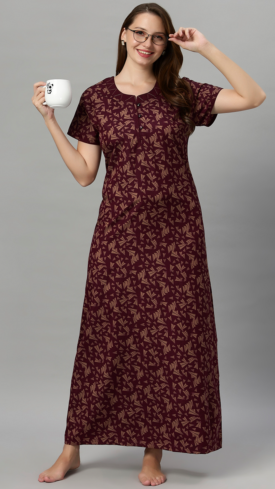 Sukanya Women's Leaf Print Lounge Wear Gown - Polly cotton, Regular Fit, Ideal For Women's, Lounge Wear, Half Sleeves, Round Neck