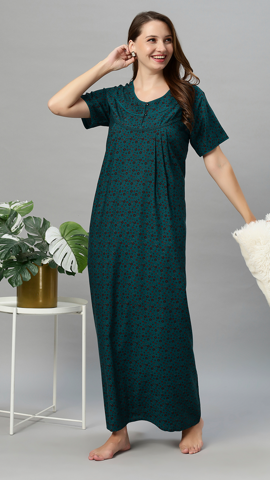 Sukanya Women's Floral Print Gown - Poly Cotton, Regular Fit, Lounge Wear, Half Sleeves, Round Neck, Wine, Green & Mustard