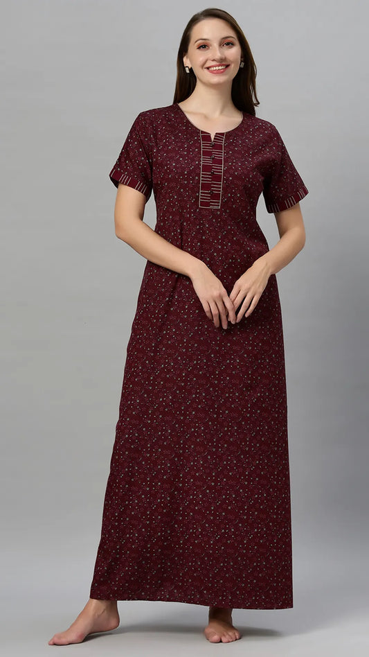 Suaknya Women's Floral Print Lounge Wear Gown Polly Cotton, Regular Fit, Half Sleeves, V Neck