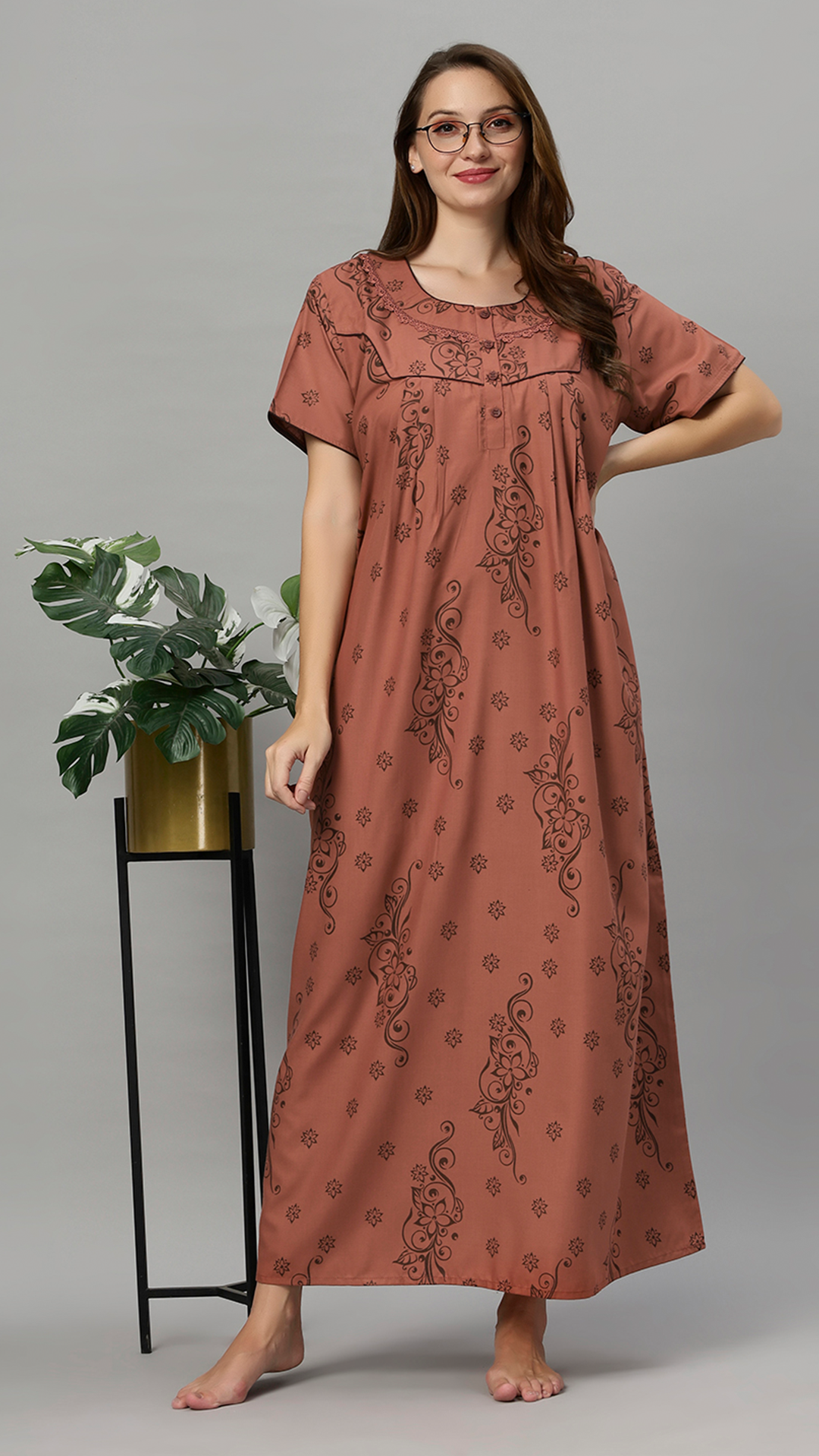 Sukanya Women's Floral Print Lounge Wear Gown - Polly Cotton, Regular Fit, Half Sleeves, Round Neck, Green, Yellow & Rust