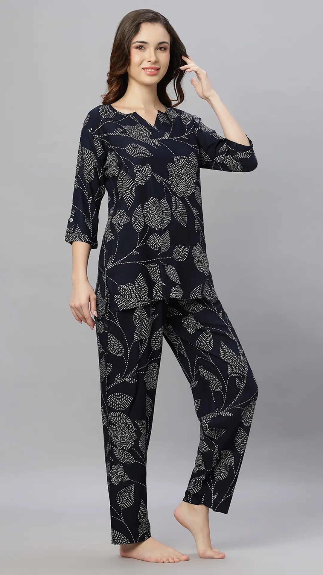 Sukanya Comfortable Women's Cotton Blend Half Sleeves Night Suit, White, navy Blue & Sky Blue, Soft and Elegant Print Sleepwear
