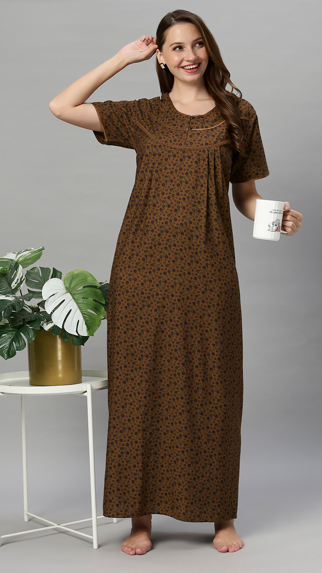 Sukanya Women's Floral Print Gown - Poly Cotton, Regular Fit, Lounge Wear, Half Sleeves, Round Neck, Wine, Green & Mustard