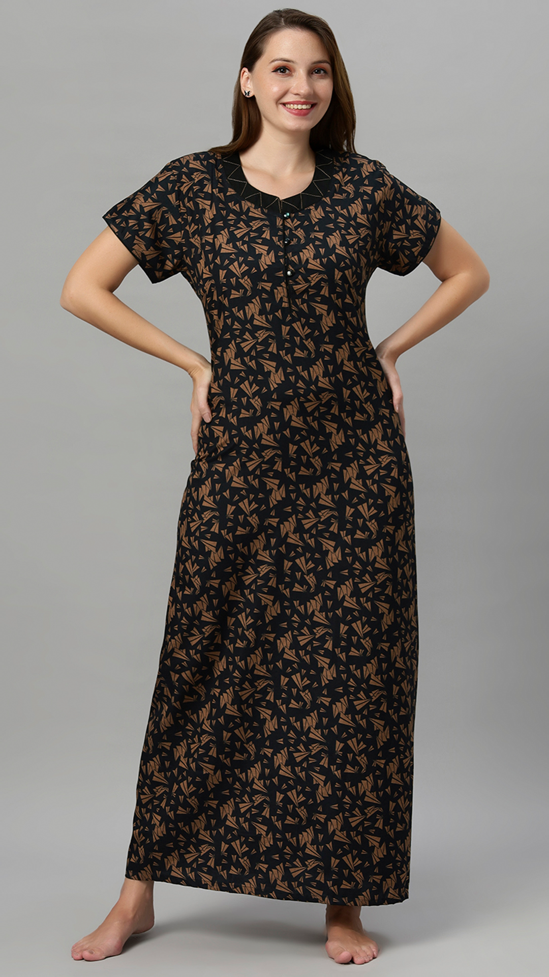 Sukanya Women's Leaf Print Lounge Wear Gown - Polly cotton, Regular Fit, Ideal For Women's, Lounge Wear, Half Sleeves, Round Neck