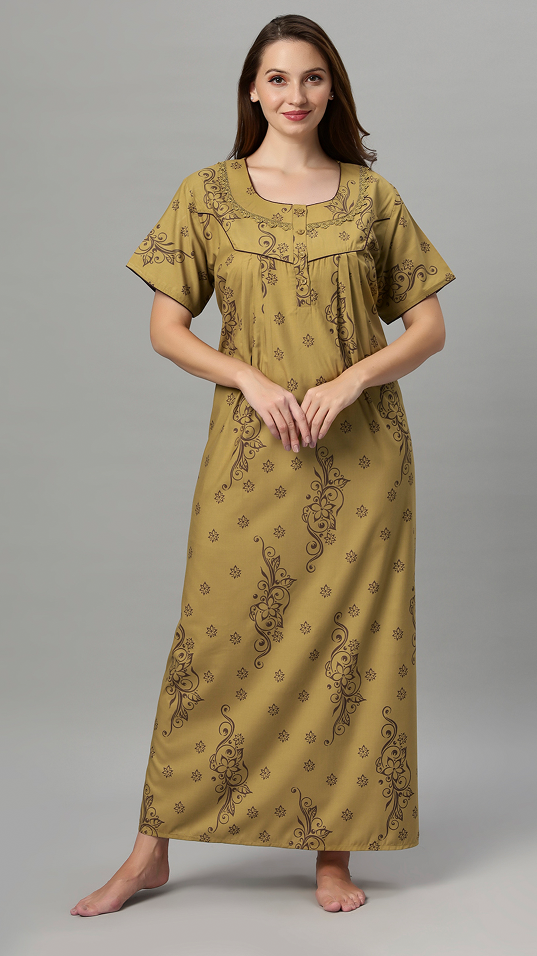 Sukanya Women's Floral Print Lounge Wear Gown - Polly Cotton, Regular Fit, Half Sleeves, Round Neck, Green, Yellow & Rust