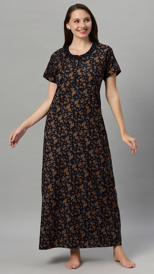 Sukanya Women's Leaf Print Lounge Wear Gown - Polly cotton, Regular Fit, Ideal For Women's, Lounge Wear, Half Sleeves, Round Neck