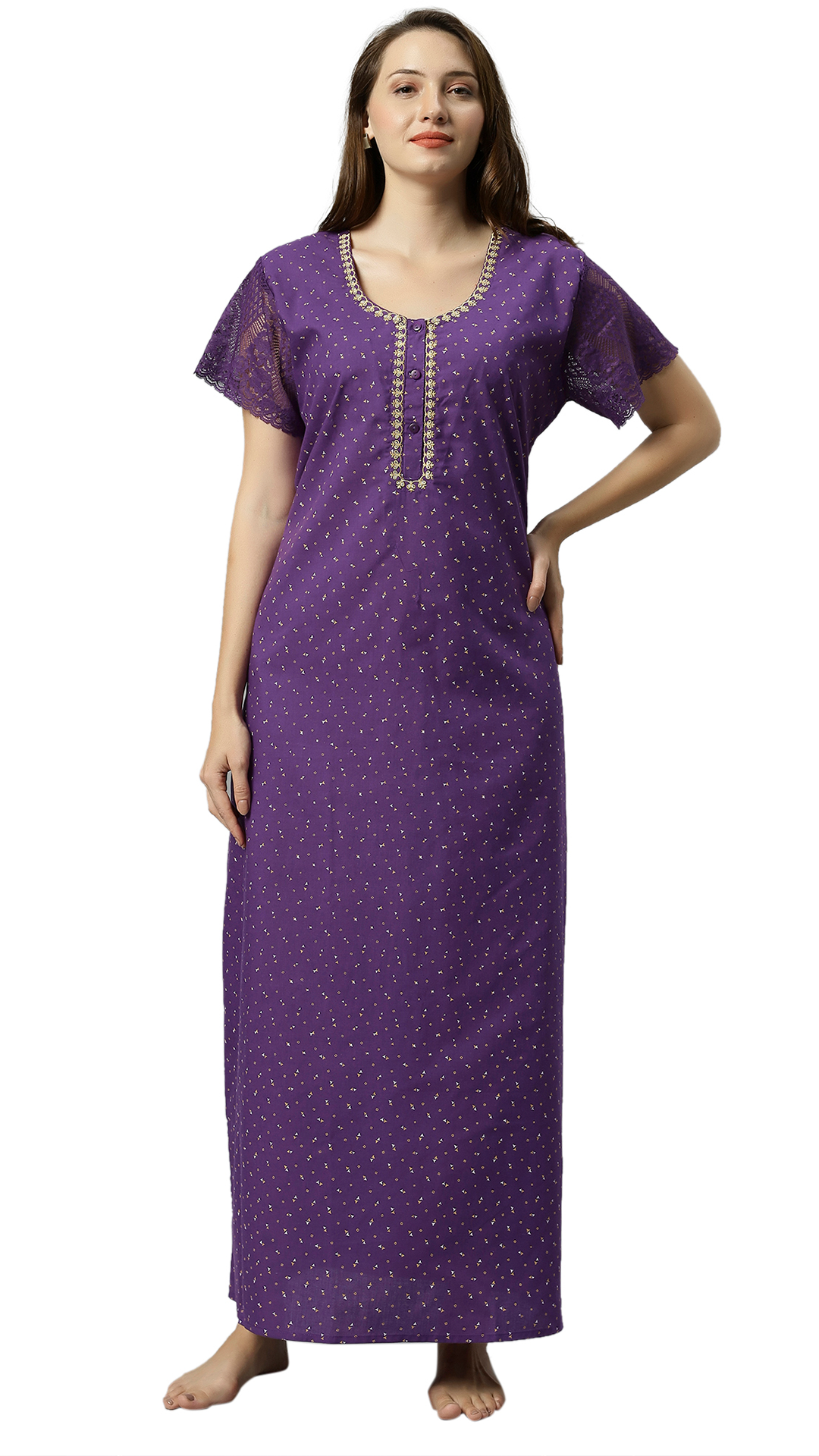 Sukanya Women's Embroidered Poly Cotton Lounge Wear Gown - Regular Fit, Ideal For Women's, Lounge Wear, Half Sleeves, Round Neck