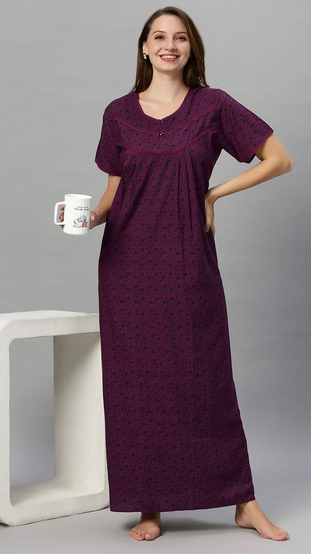 Sukanya Women's Floral Print Gown - Poly Cotton, Regular Fit, Lounge Wear, Half Sleeves, Round Neck, Wine, Green & Mustard