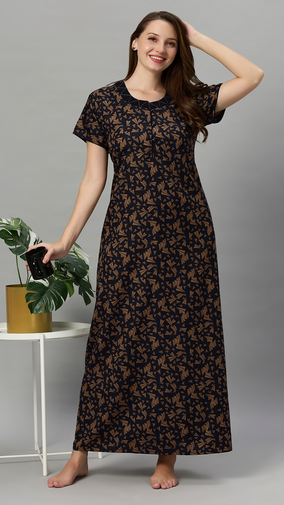 Sukanya Women's Leaf Print Lounge Wear Gown - Polly cotton, Regular Fit, Ideal For Women's, Lounge Wear, Half Sleeves, Round Neck