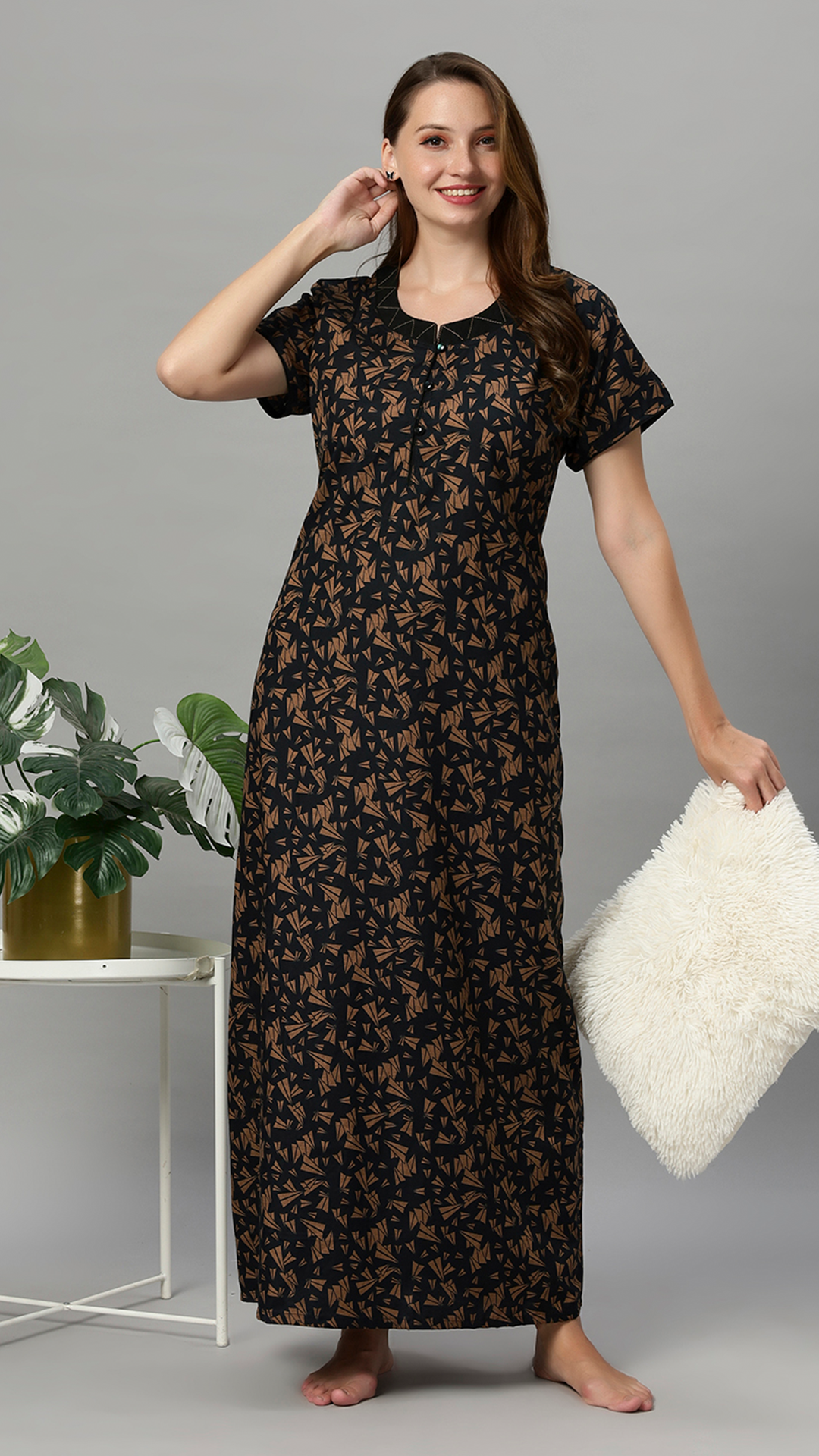 Sukanya Women's Leaf Print Lounge Wear Gown - Polly cotton, Regular Fit, Ideal For Women's, Lounge Wear, Half Sleeves, Round Neck