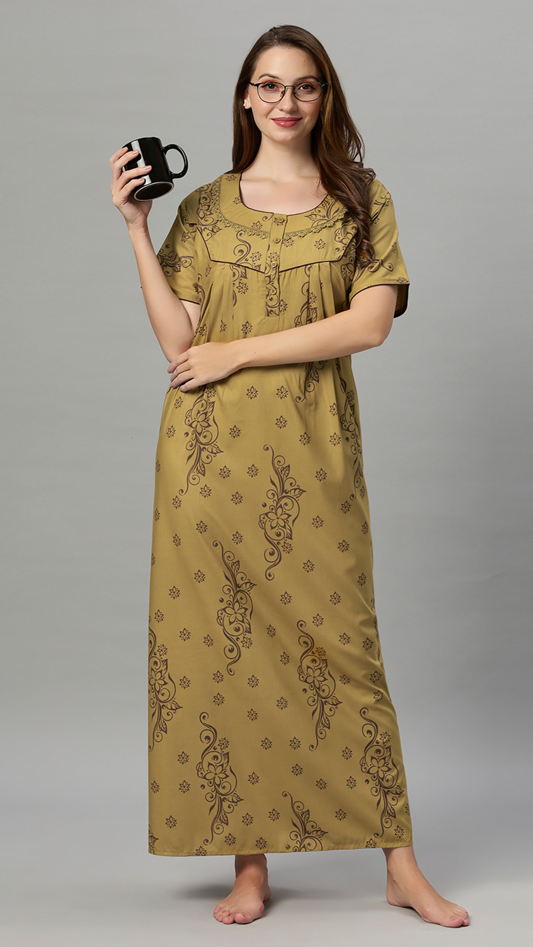 Sukanya Women's Floral Print Lounge Wear Gown - Polly Cotton, Regular Fit, Half Sleeves, Round Neck, Green, Yellow & Rust