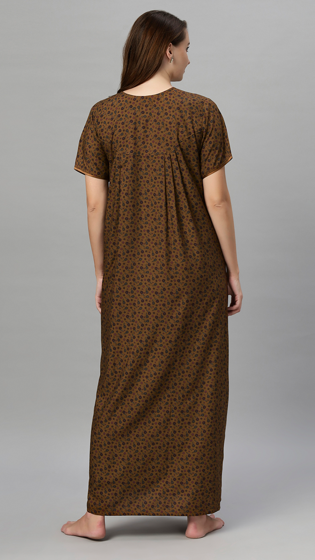 Sukanya Women's Floral Print Gown - Poly Cotton, Regular Fit, Lounge Wear, Half Sleeves, Round Neck, Wine, Green & Mustard