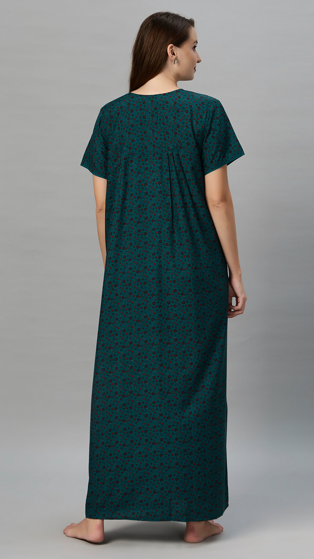 Sukanya Women's Floral Print Gown - Poly Cotton, Regular Fit, Lounge Wear, Half Sleeves, Round Neck, Wine, Green & Mustard