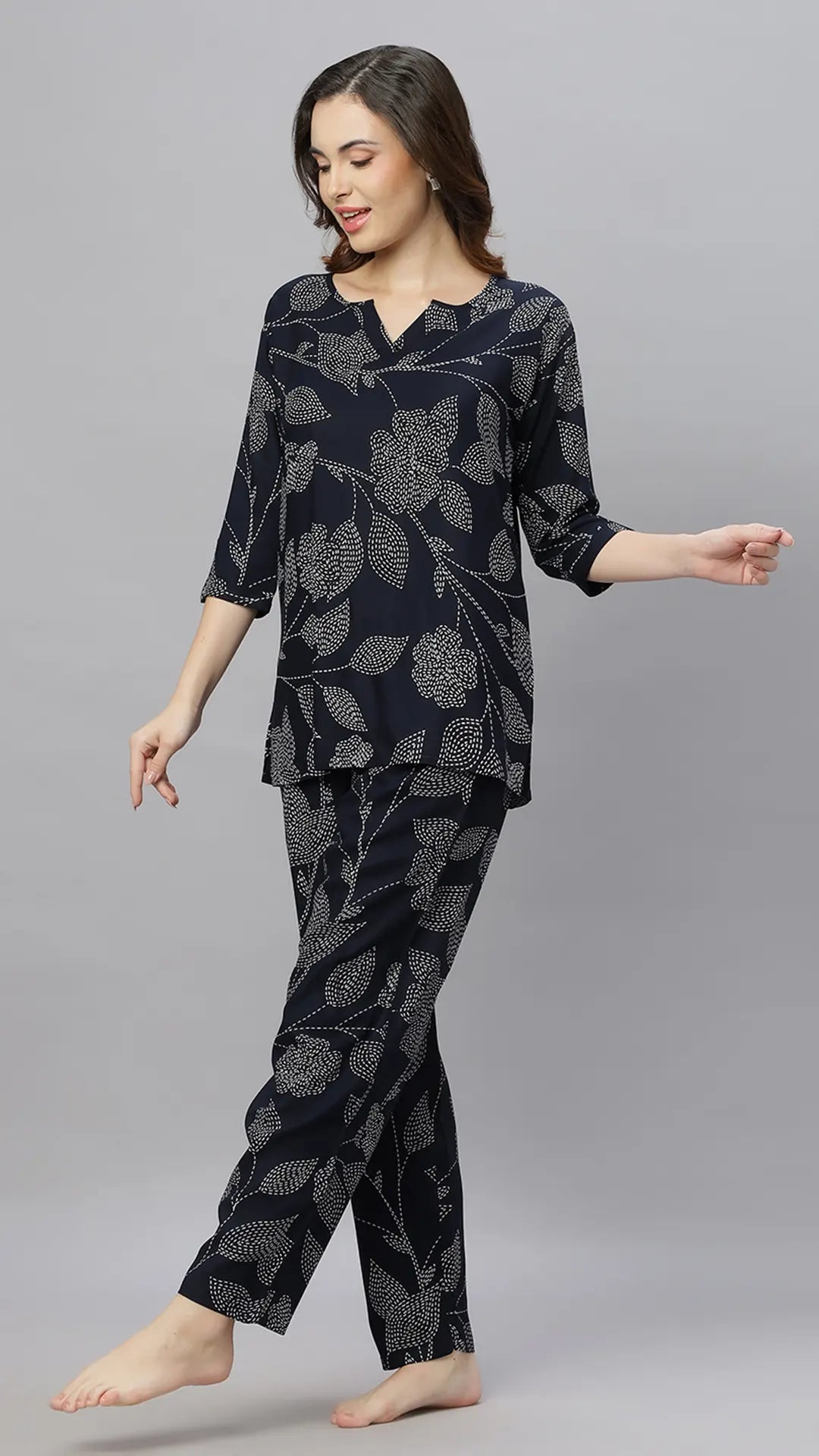 Sukanya Comfortable Women's Cotton Blend Half Sleeves Night Suit, White, navy Blue & Sky Blue, Soft and Elegant Print Sleepwear