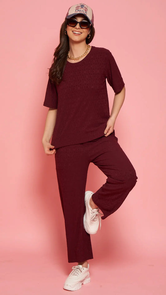 Lunica Women's Printed Sinker Nightsuit Set , Regular Fit Loungewear , Ideal for Women , Lounge Wear Nightdress Pyjama Set Sleepwear , Wine Printed Half Sleeves Round Neck