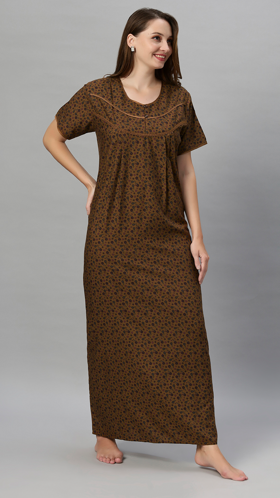 Sukanya Women's Floral Print Gown - Poly Cotton, Regular Fit, Lounge Wear, Half Sleeves, Round Neck, Wine, Green & Mustard