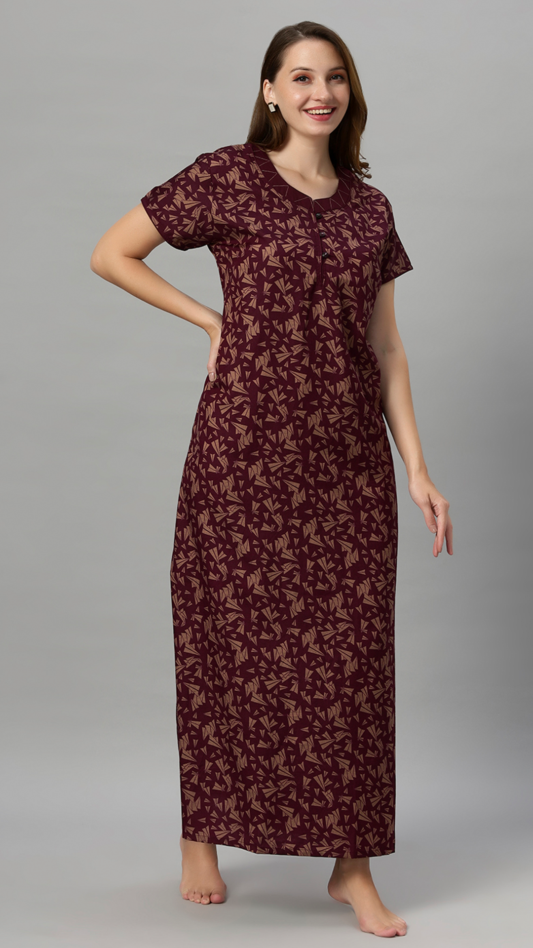 Sukanya Women's Leaf Print Lounge Wear Gown - Polly cotton, Regular Fit, Ideal For Women's, Lounge Wear, Half Sleeves, Round Neck