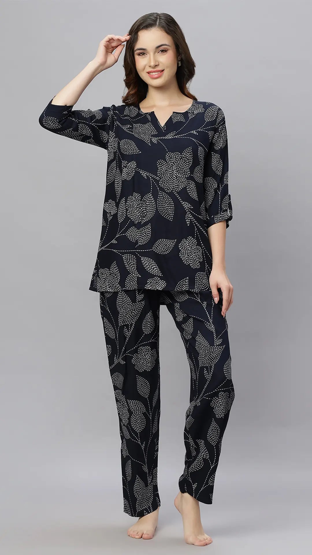 Sukanya Comfortable Women's Cotton Blend Half Sleeves Night Suit, White, navy Blue & Sky Blue, Soft and Elegant Print Sleepwear