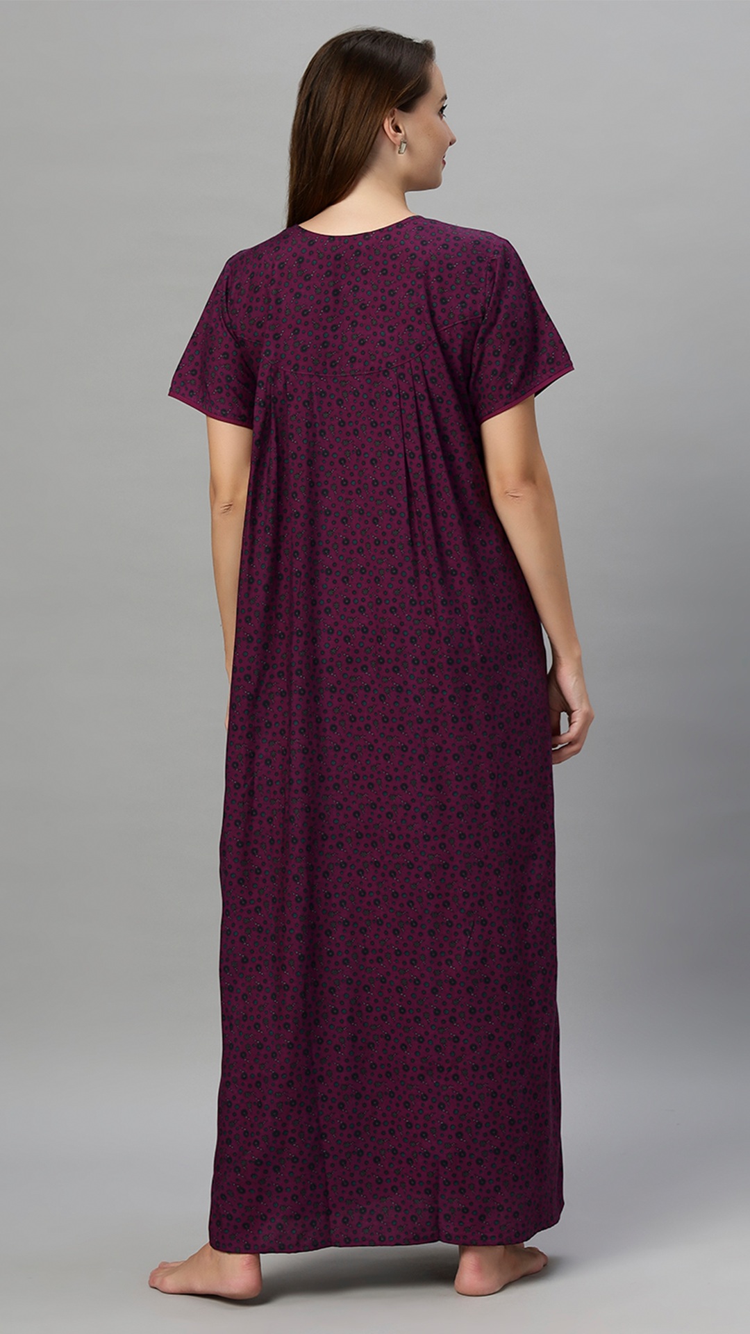 Sukanya Women's Floral Print Gown - Poly Cotton, Regular Fit, Lounge Wear, Half Sleeves, Round Neck, Wine, Green & Mustard