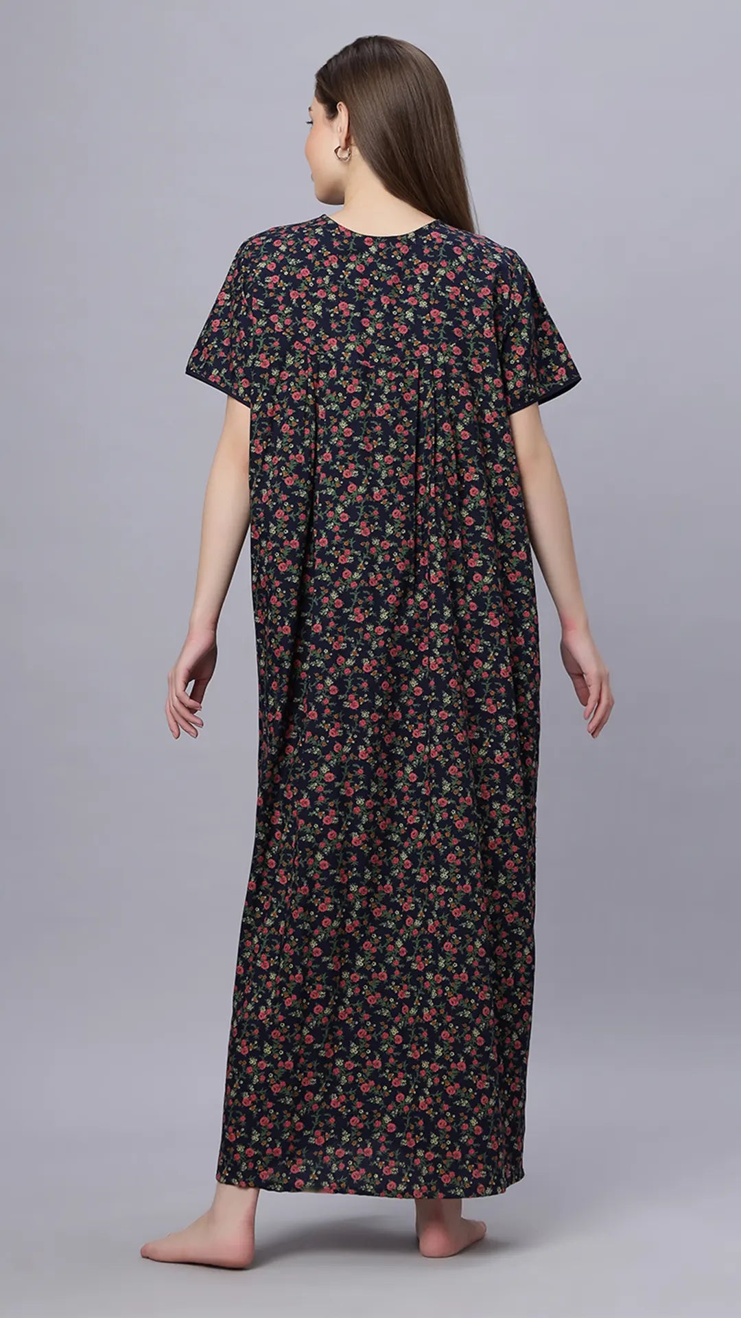 Sukanya Comfortable Women's Full Length Cotton Blend Half Sleeves Nighty, Red, Black & Blue, Soft and Elegant Print Sleepwear