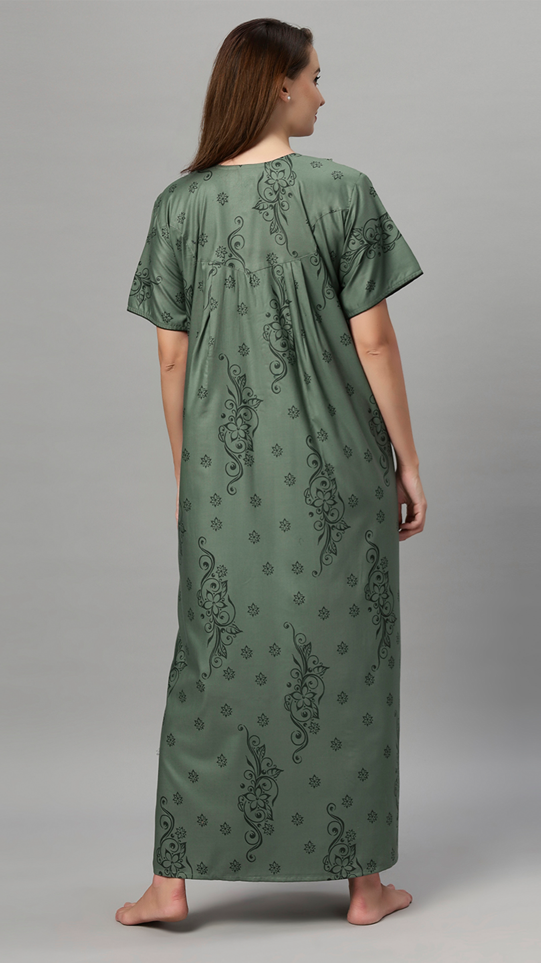 Sukanya Women's Floral Print Lounge Wear Gown - Polly Cotton, Regular Fit, Half Sleeves, Round Neck, Green, Yellow & Rust