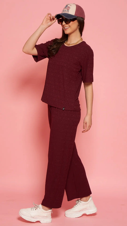 Lunica Women's Printed Sinker Nightsuit Set , Regular Fit Loungewear , Ideal for Women , Lounge Wear Nightdress Pyjama Set Sleepwear , Wine Printed Half Sleeves Round Neck