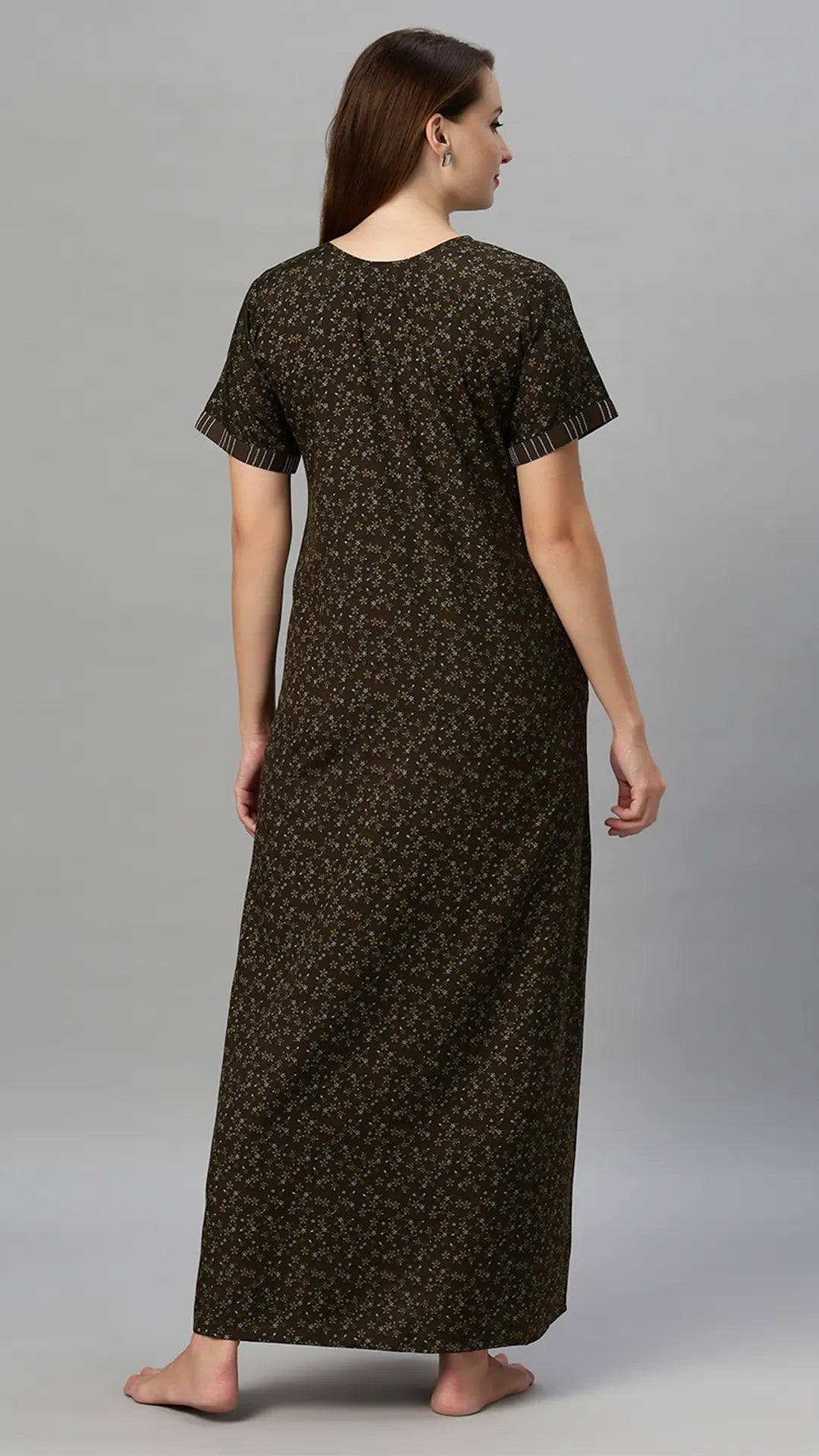 Suaknya Women's Floral Print Lounge Wear Gown Polly Cotton, Regular Fit, Half Sleeves, V Neck