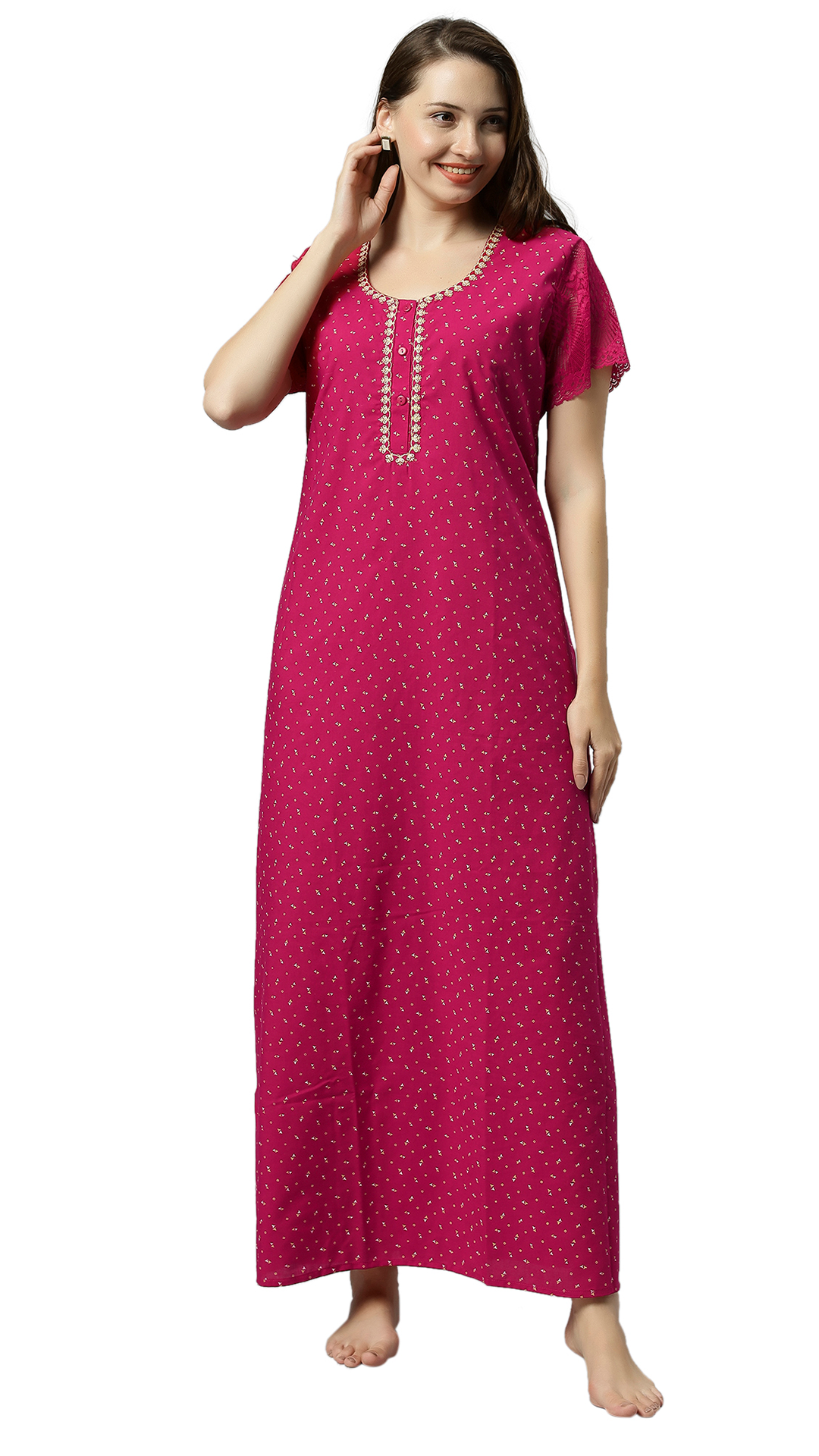 Sukanya Women's Embroidered Poly Cotton Lounge Wear Gown - Regular Fit, Ideal For Women's, Lounge Wear, Half Sleeves, Round Neck