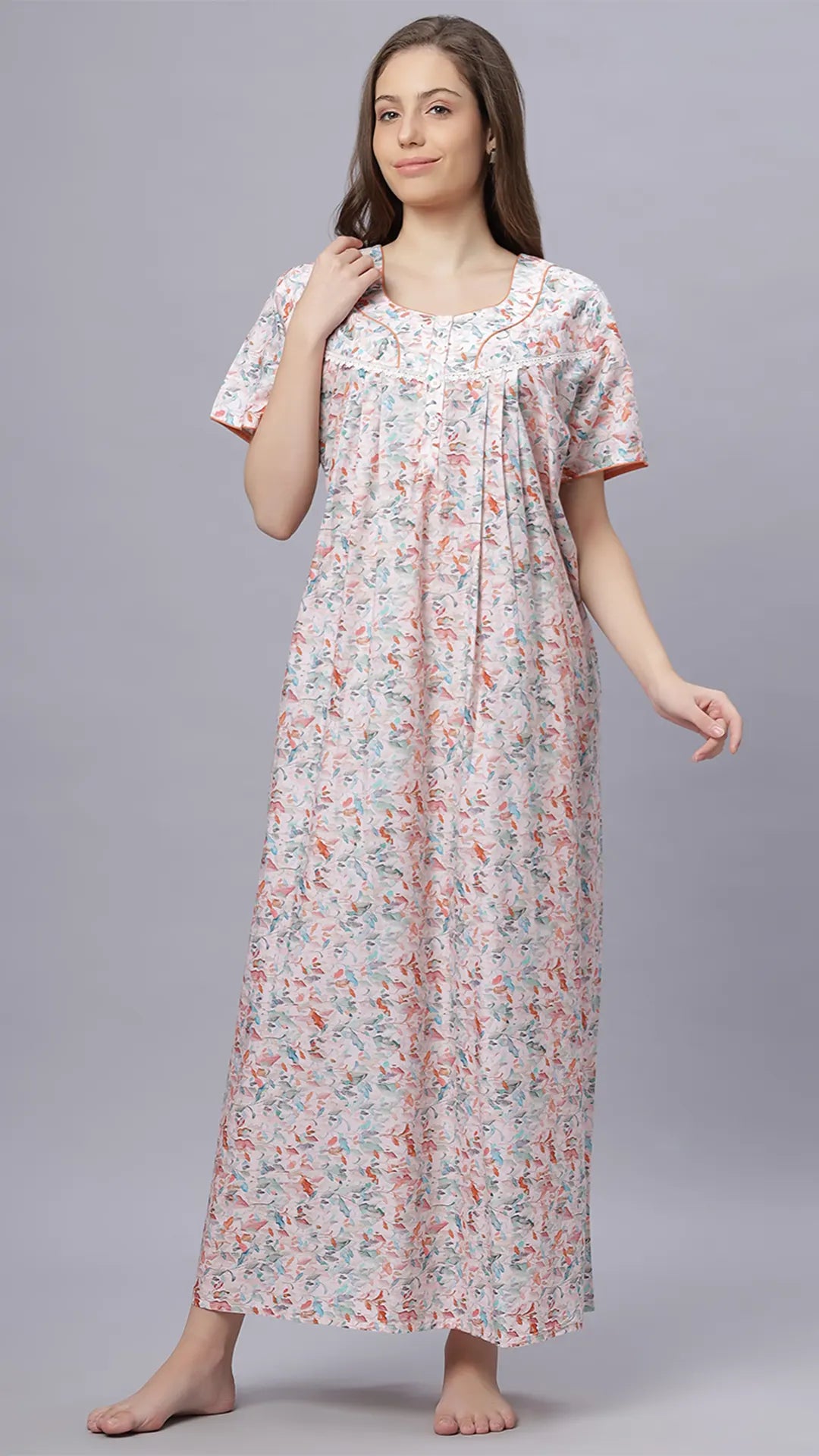 Sukanya Comfortable Women's Full Length Cotton Blend Half Sleeves Nighty, Pink, Gold & Purple, Soft and Elegant Print Sleepwear