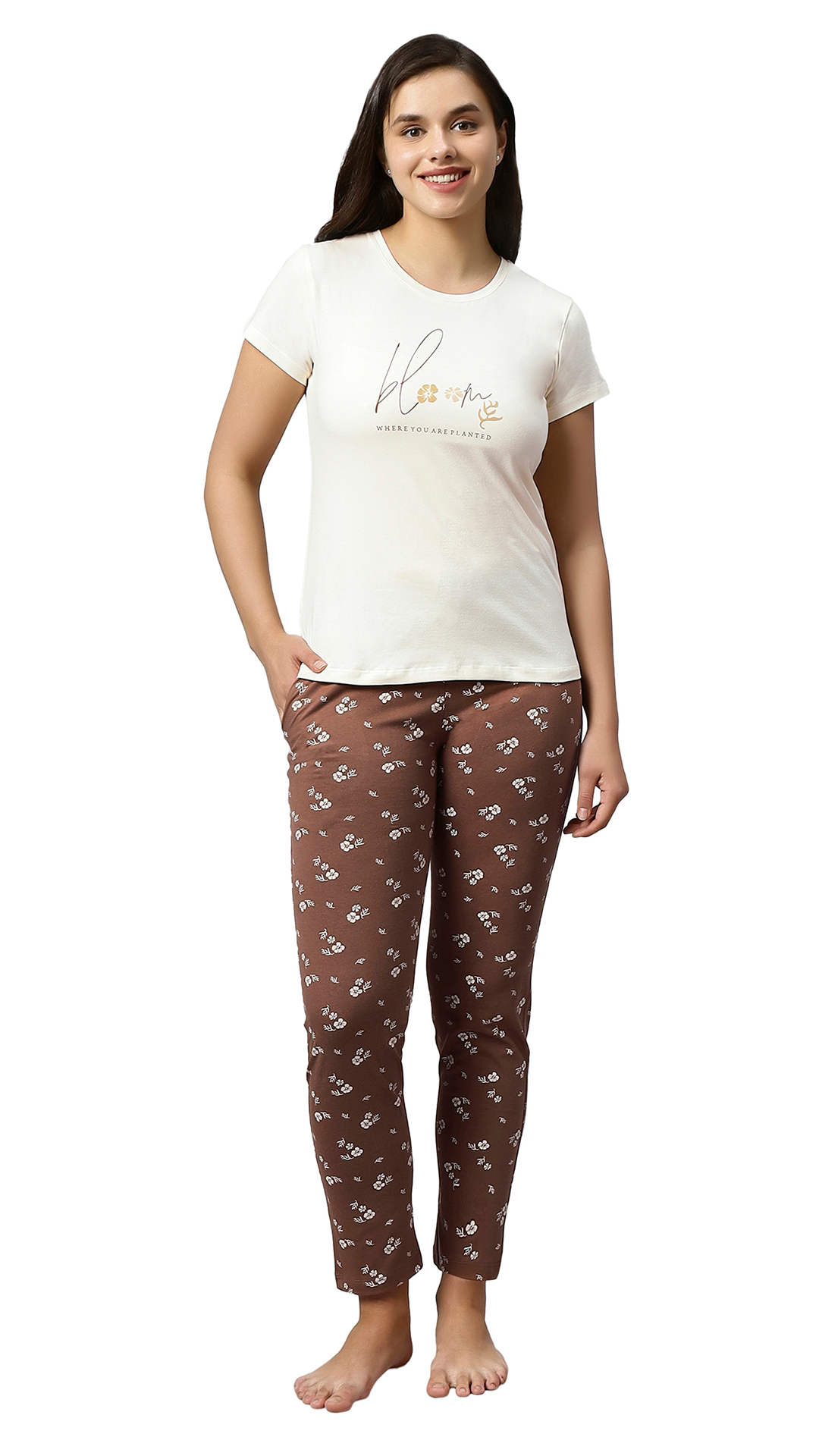 Sukanya Women's Printed Lounge Wear Top & Pyjama Set - Cream, Regular Fit, Sinker Fabric, Half Sleeve, Round Neck