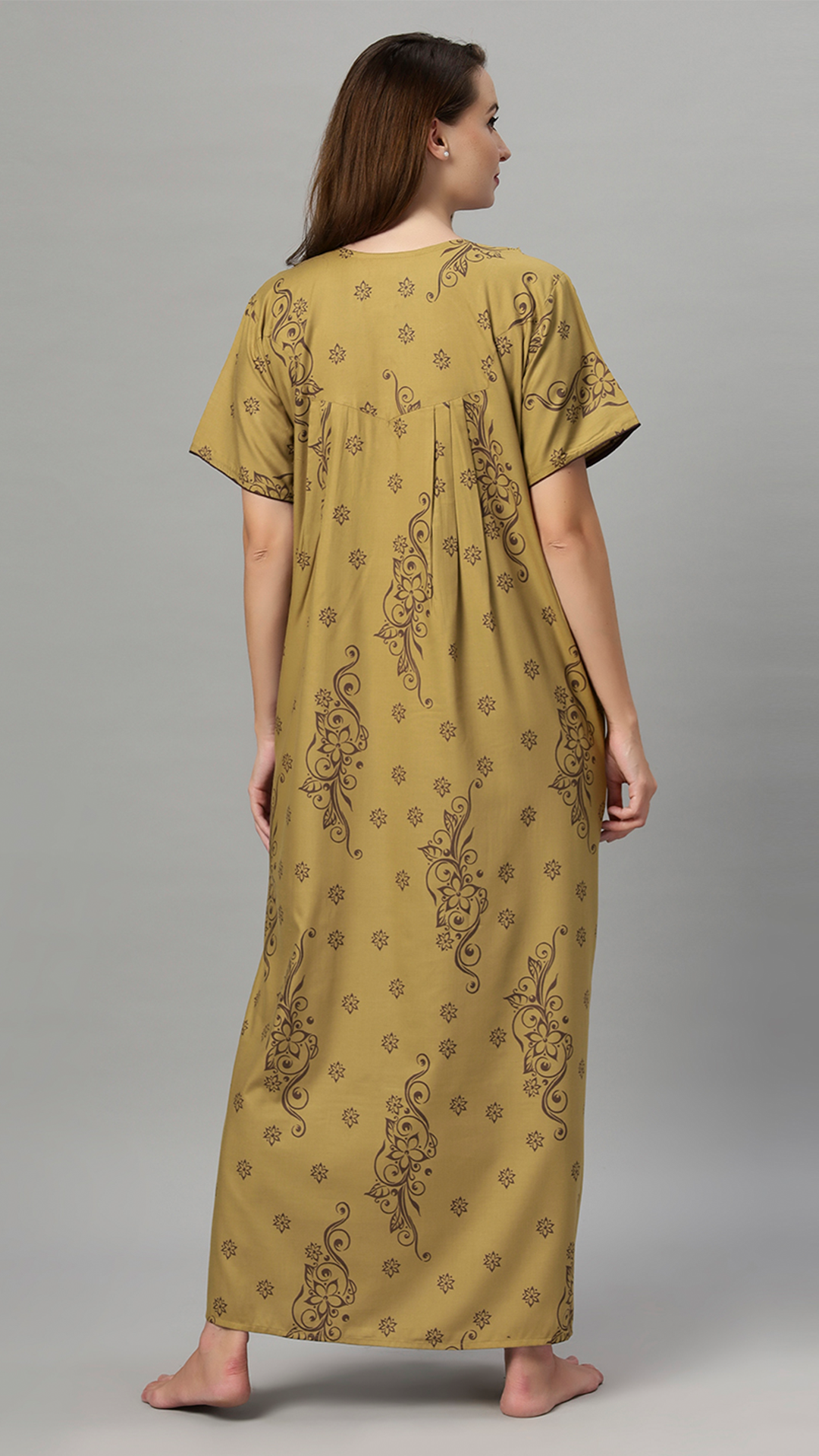 Sukanya Women's Floral Print Lounge Wear Gown - Polly Cotton, Regular Fit, Half Sleeves, Round Neck, Green, Yellow & Rust