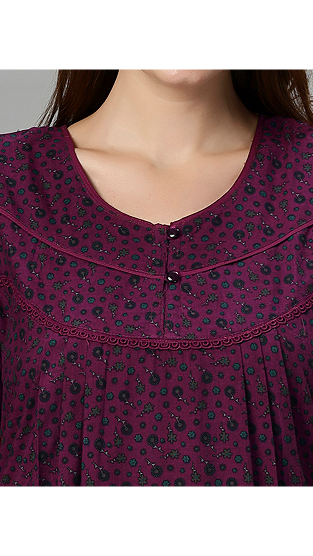 Sukanya Women's Floral Print Gown - Poly Cotton, Regular Fit, Lounge Wear, Half Sleeves, Round Neck, Wine, Green & Mustard
