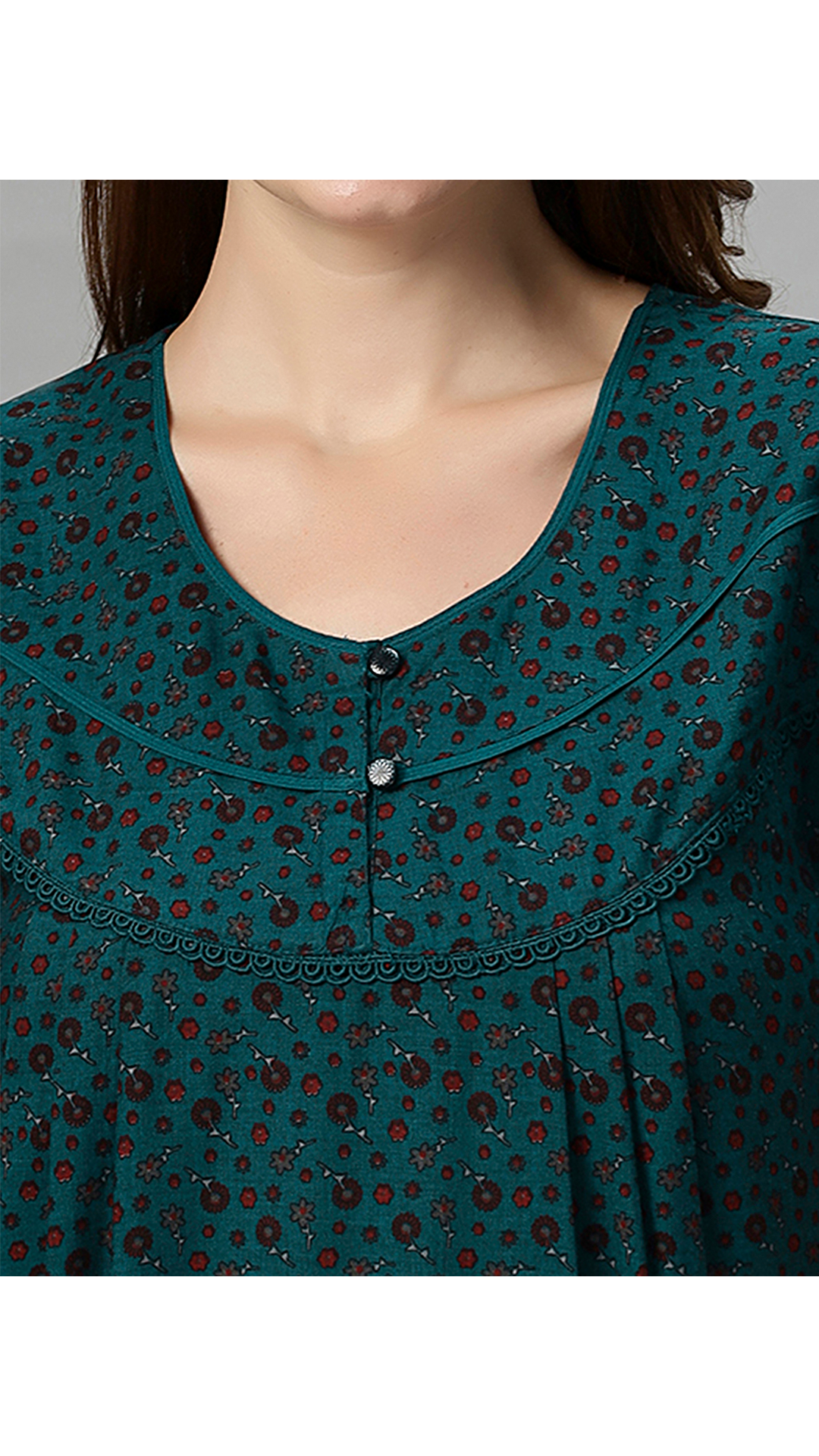 Sukanya Women's Floral Print Gown - Poly Cotton, Regular Fit, Lounge Wear, Half Sleeves, Round Neck, Wine, Green & Mustard