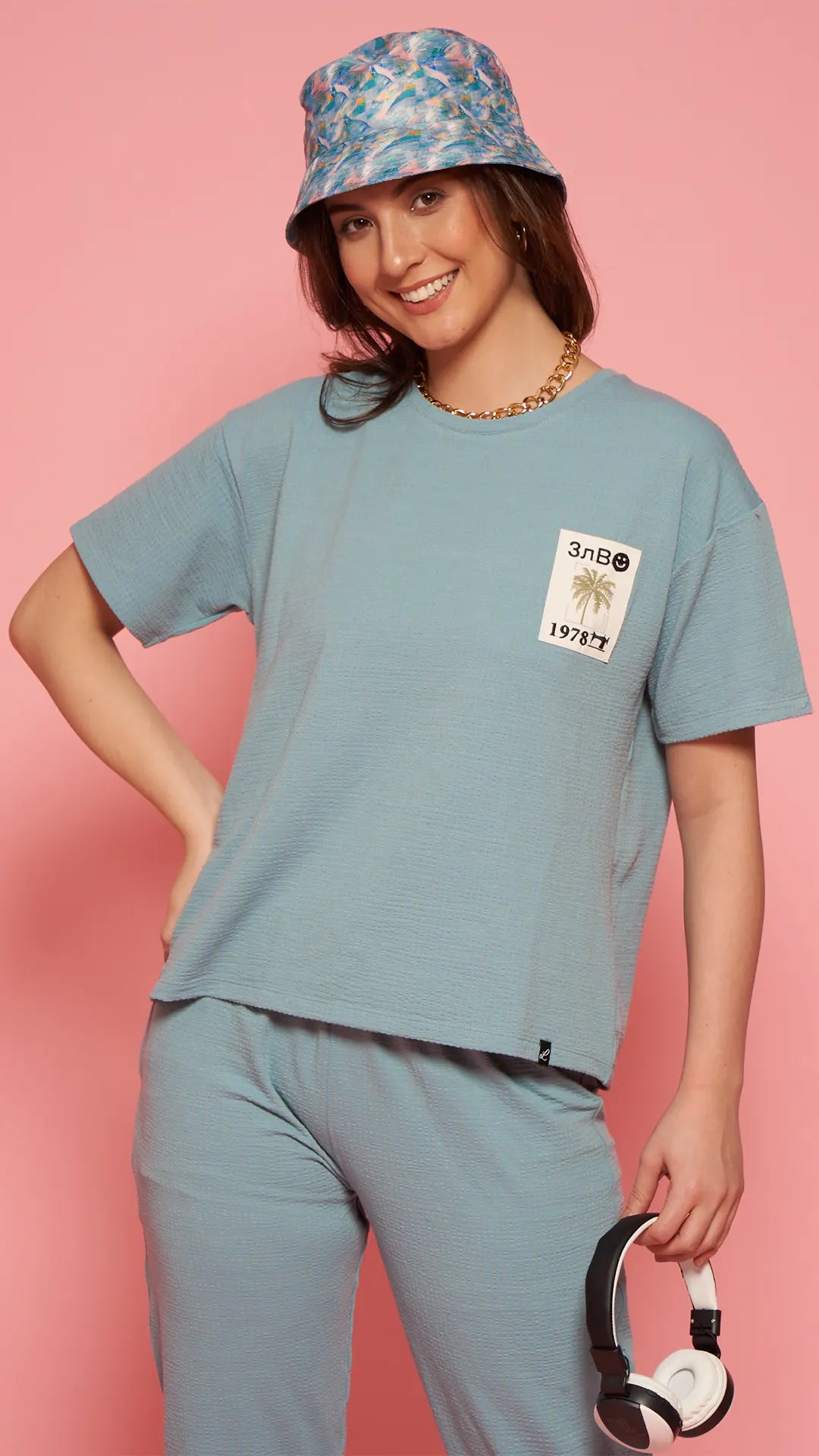 Lunica Women's Printed Sinker Nightsuit Set , Regular Fit Loungewear , Ideal for Women , Lounge Wear Nightdress Pyjama Set Sleepwear , Sky Blue Printed Half Sleeves Round Neck